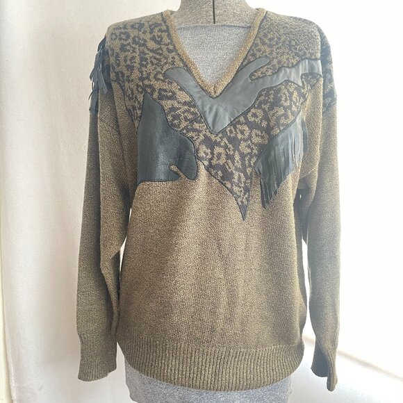 Vintage Ann Wi leopard print leather embellished v-neck sweater - Picture 1 of 10